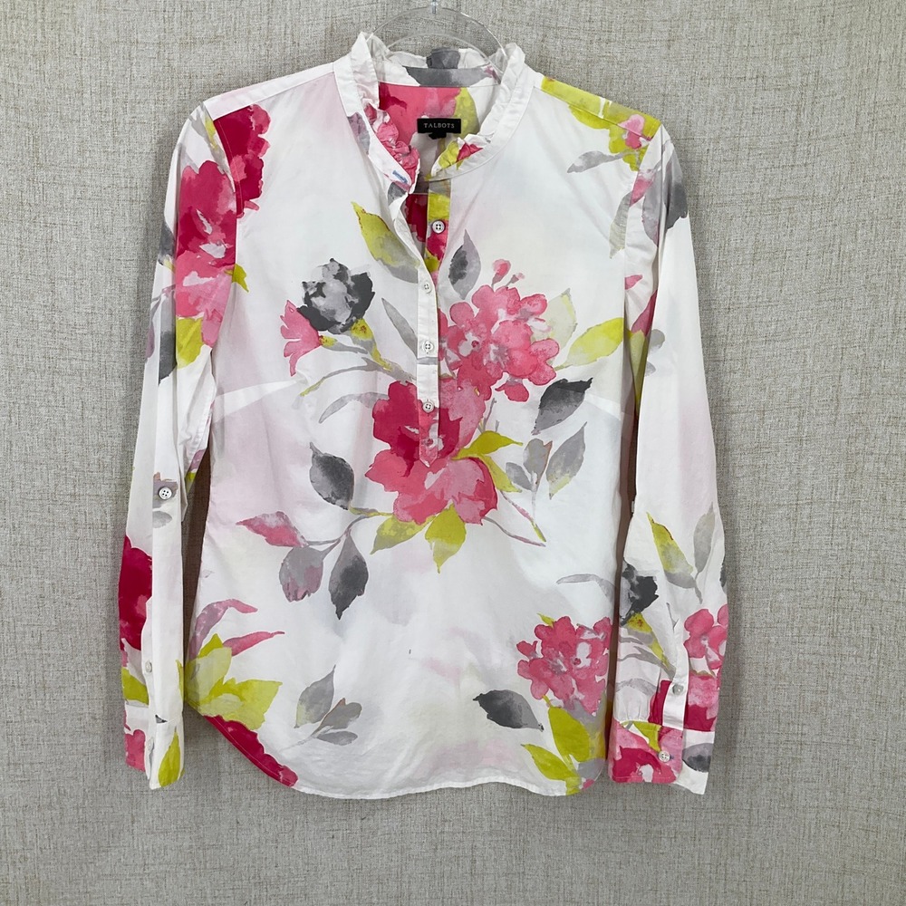 Talbots Floral Blouse Women XS White Pink 100% Cotton Poplin Ruffle Neck Costal